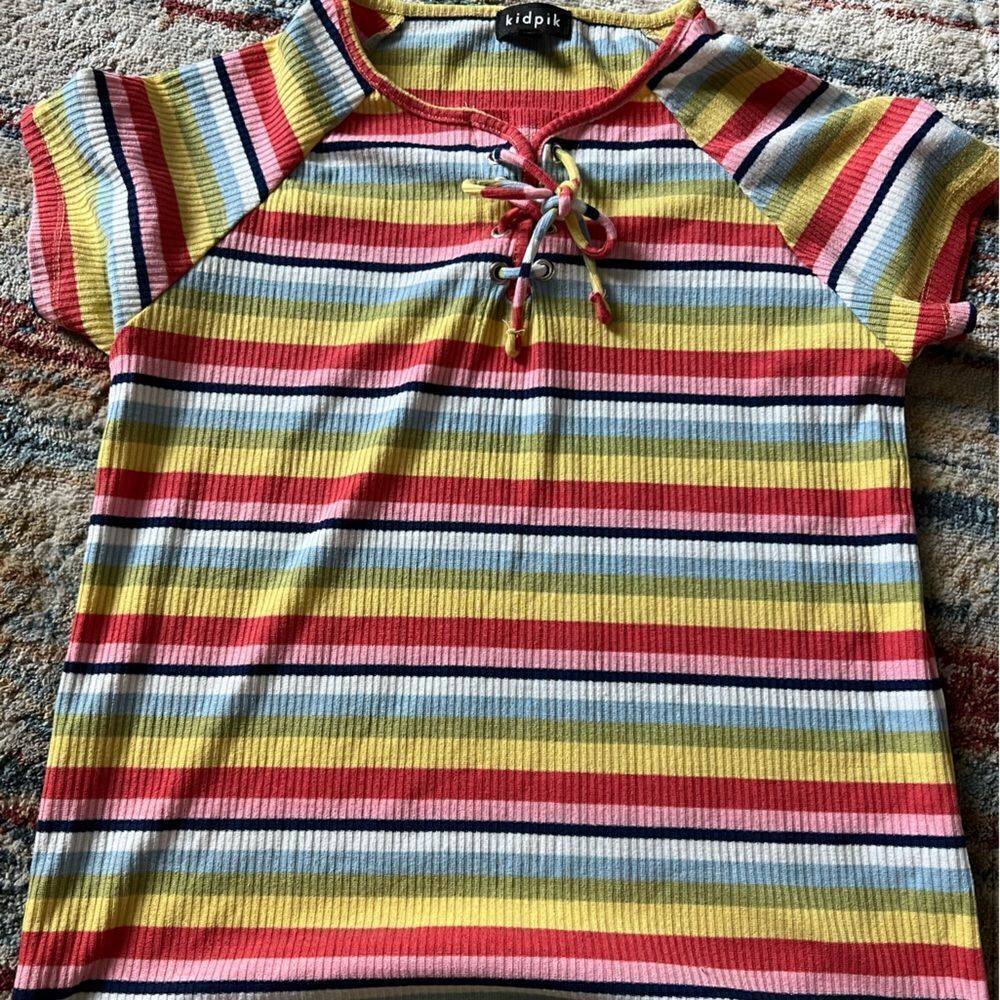 Kidpik short sleeve stripe shirt with lace up front detail